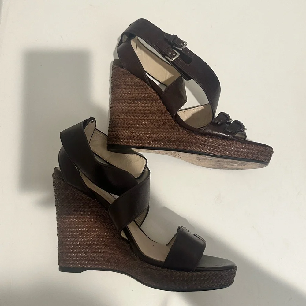 KORS Michael Kors Brown Leather Jute Wedge Sandals Size 8